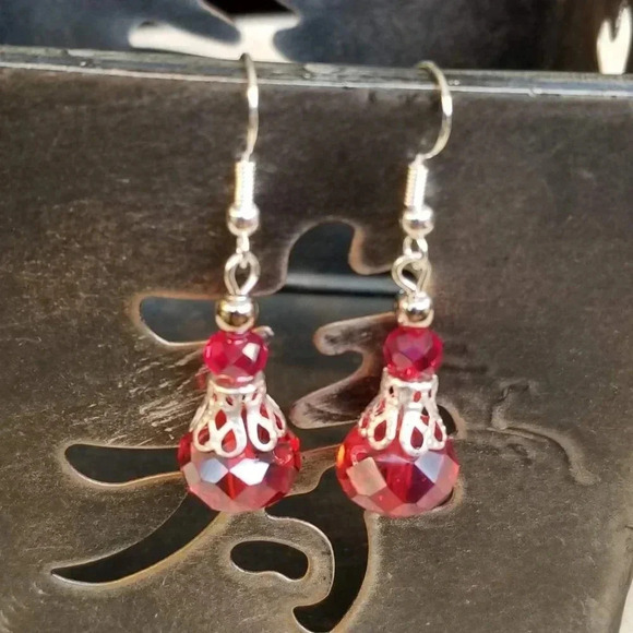 Handcrafted Victorian Red Crystal Silver Filigree Basket Earrings - Picture 1 of 5